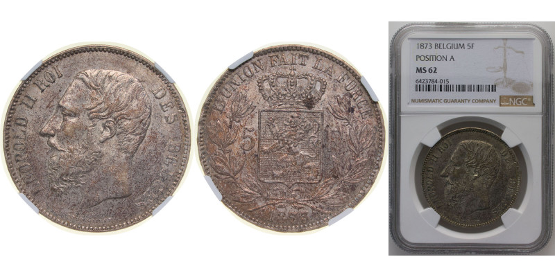 Belgium Kingdom 1873 5 Francs - Léopold II (small head) Silver (.900) Brussels M...