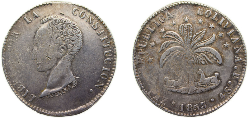 Bolivia Republic 1853 PAZ J 4 Soles Silver (.667) 13.5g VF KM124