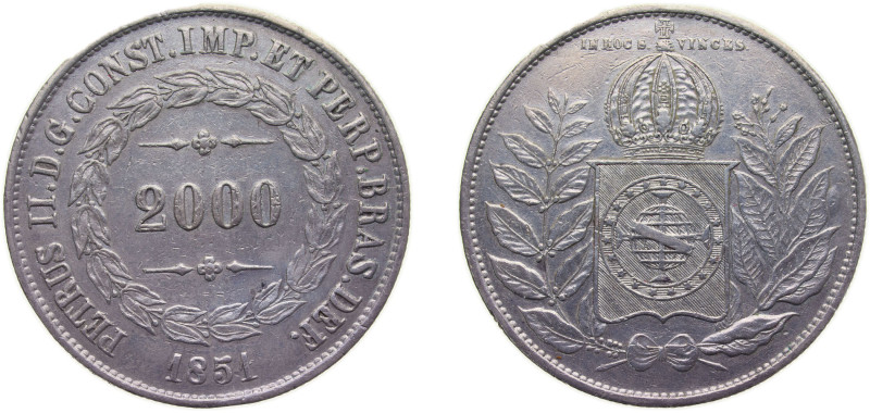 Brazil Empire 1851 2000 Réis- Pedro II Silver (.917) (256192) 25.5g AU KM462