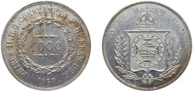 Brazil Empire 1860 1000 Réis - Pedro II Silver (.917) (387204) 12.75g UNC KM465