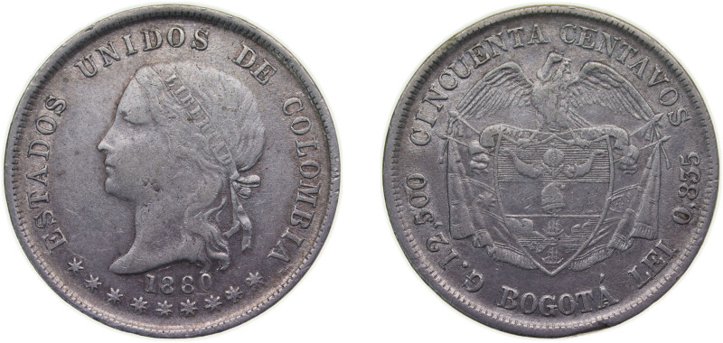 Colombia United States of Colombia 1880 BOGOTA 50 Centavos Silver (.835) Bogota ...