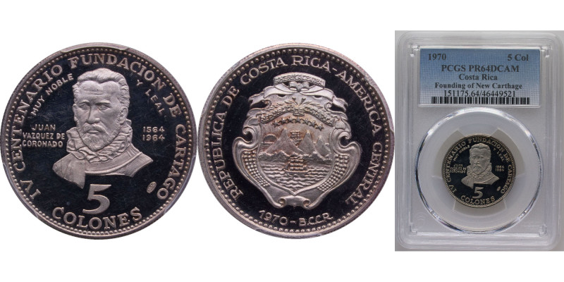 Costa Rica Second Costa Rican Republic 1970 5 Colones (New Carthage) Silver (.99...