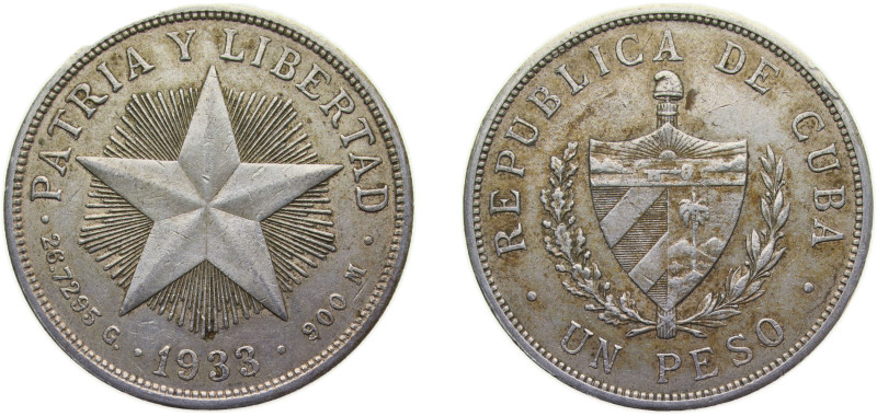 Cuba First Republic 1933 1 Peso Silver (.900) (silver 90%, copper 10%) Philadelp...