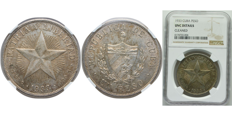 Cuba First Republic 1933 Low relief star 1 Peso Silver (.900) (silver 90%, coppe...