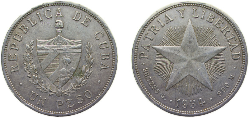 Cuba First Republic 1934 1 Peso Silver (.900) (silver 90%, copper 10%) Philadelp...