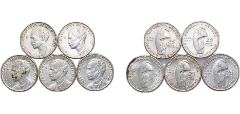 Cuba First Republic 1953 25 Centavos (José Martí) 5 Lots Silver (.900) (silver 9...