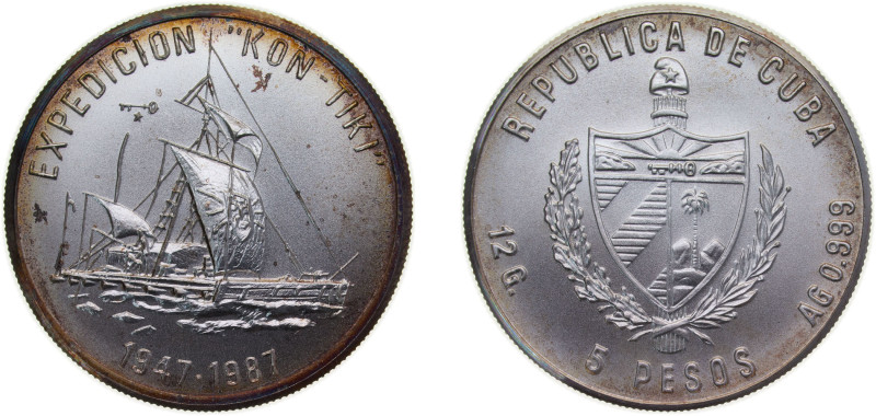 Cuba Second Republic 1987 5 Pesos (Kon-Tiki) Silver (.999) Havana mint (5000) 12...