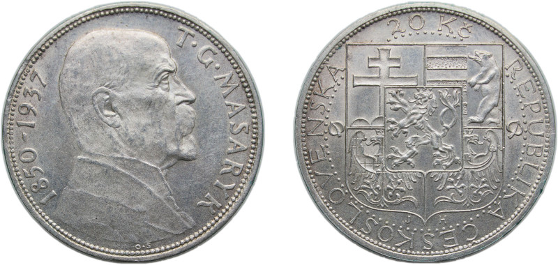 Czechoslovakia First Republic 1937 20 Korun (President Masaryk) Silver (.700) Kr...