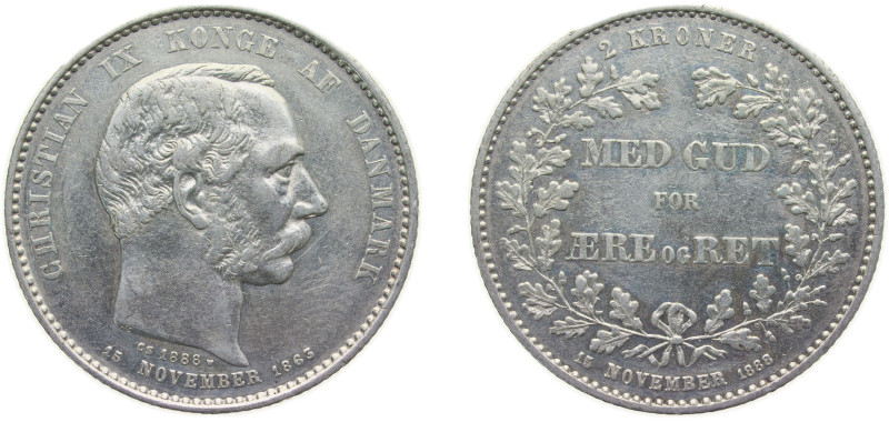 Denmark Kingdom 1888 ♥ 2 Kroner - Christian IX (Anniversary of Reign) Silver (.8...