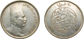 Egypt Kingdom AH 1341 H (1923) ١٣٤١ ١٩٢٣ 20 Qirsh - Fuad (right) Silver (.833) Heaton and Sons / The Mint Birmingham Limited Mint (50000) 28g AU KM338...