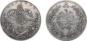Egypt Ottoman Empire AH 1327 H (1913) ١٣٢٧-٦ 20 Qirsh - Mehmed V Silver (.833) Heaton and Sons / The Mint Birmingham Limited Mint 28g XF KM310