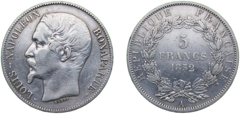 France Second Republic 1852 A 5 Francs - Louis-Napoléon Bonaparte Silver (.900) ...