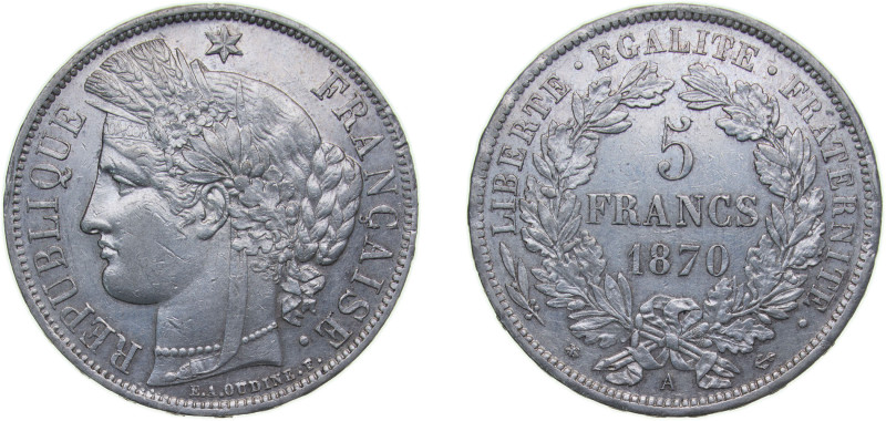 France Third Republic 1870 A 5 Francs Silver (.900) Paris Mint (1185100) 25g AU ...