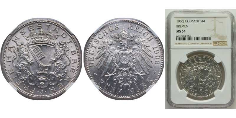 Germany City of Bremen Second Empire 1906 J 5 Mark Silver (.900) Hamburg Mint (4...