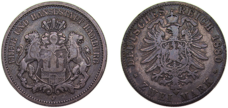 Germany Free Hanseatic city of Hamburg Second Empire 1880 J 2 Mark Silver (.900)...