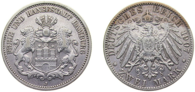 Germany Free Hanseatic city of Hamburg Second Empire 1907 J 2 Mark Silver (.900)...