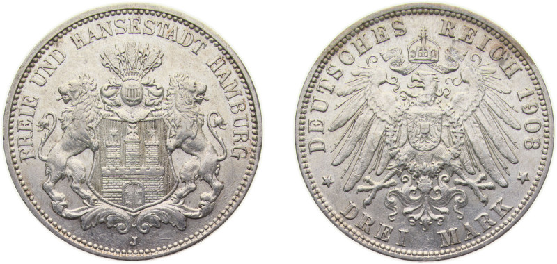 Germany Free Hanseatic city of Hamburg Second Empire 1908 J 3 Mark Silver (.900)...