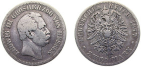 Germany Grand duchy of Hessen-Darmstadt Second Empire 1877 H 2 Mark - Ludwig III Silver (.900) Darmstadt Mint (338000) 11.111g VF KM355 J66
