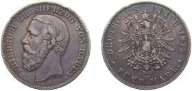 Germany Grand-duchy of Baden Second Empire 1875 G (Inverted "V" for "A" of BADEN in legend) 5 Mark - Friedrich I Silver (.900) Karlsruhe Mint 27.777g ...