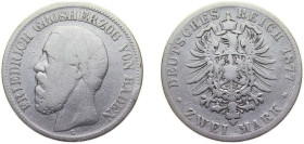 Germany Grand-duchy of Baden Second Empire 1877 G 2 Mark - Friedrich I Silver (.900) Karlsruhe Mint (763927) 11.11g VF KM265 AKS153 J26