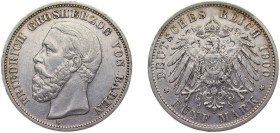 Germany Grand-duchy of Baden Second Empire 1900 G 5 Mark - Friedrich I Silver (.900) Karlsruhe Mint (128000) 27.777g XF KM268 J29 J29 F