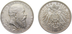 Germany Grand-duchy of Baden Second Empire 1902 2 Mark - Friedrich I (50th Anniversary of the Reign of Duke Friedrich I) Silver (.900) Karlsruhe Mint ...