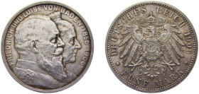 Germany Grand-duchy of Baden Second Empire 1906 5 Mark - Friedrich I (Wedding Anniversary) Silver (.900) Karlsruhe Mint (60000) 27.77g AU KM277 J35