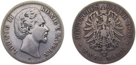 Germany Kingdom of Bavaria Second Empire 1876 D 2 Mark - Ludwig II Silver (.900) Munich Mint (5370000) 11.111g VF KM903 AKS195 J41
