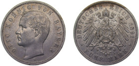 Germany Kingdom of Bavaria Second Empire 1891 D 5 Mark - Otto Silver (.900) Munich Mint (98000) 27.7g XF KM915 J46
