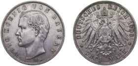 Germany Kingdom of Bavaria Second Empire 1908 D 3 Mark - Otto Silver (.900) Munich Mint (680529) 16.667g XF KM996 J47 AKS202
