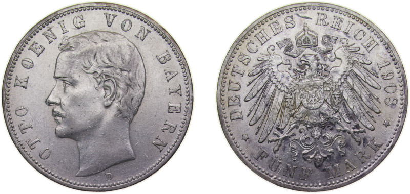 Germany Kingdom of Bavaria Second Empire 1908 D 5 Mark - Otto Silver (.900) Muni...