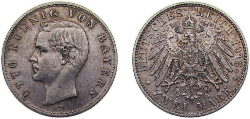 Germany Kingdom of Bavaria Second Empire 1913 D 2 Mark - Otto Silver (.900) Muni...