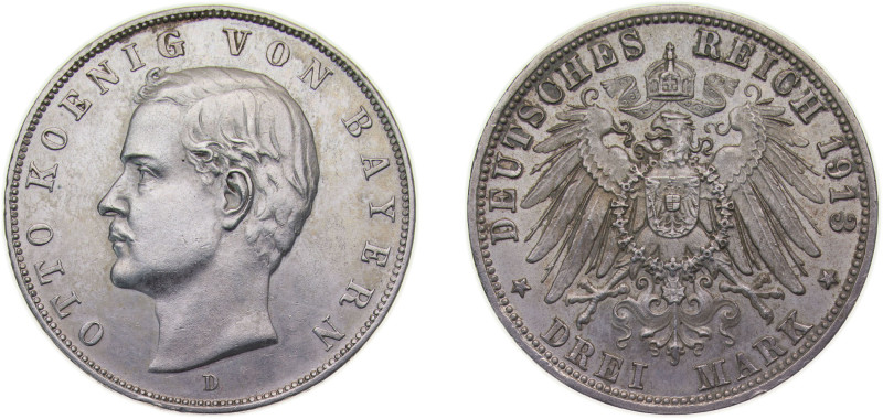 Germany Kingdom of Bavaria Second Empire 1913 D 3 Mark - Otto Silver (.900) Muni...