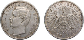 Germany Kingdom of Bavaria Second Empire 1913 D 5 Mark - Otto Silver (.900) Munich Mint (520000) 27.7g AU KM915 J46