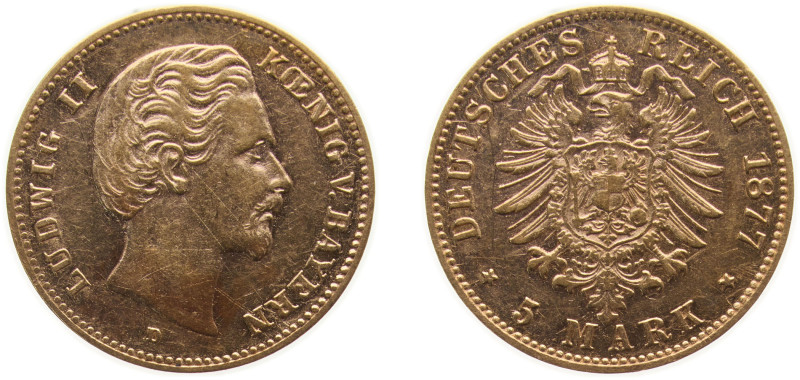 Germany Kingdom of Bavaria Second Empire 1877 D 5 Mark - Ludwig II Gold (.900) M...