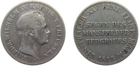 Germany Kingdom of Prussia German states 1846 A 1 Thaler - Friedrich Wilhelm IV (Mining Thaler) Silver (.750) (50000) 22g VF KM446