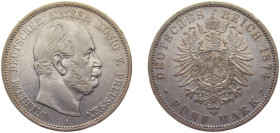 Germany Kingdom of Prussia Second Empire 1874 A 5 Mark - Wilhelm I Silver (.900) Berlin Mint (837546) 17.77g VF KM503 AKS114 J97