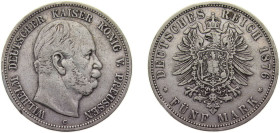 Germany Kingdom of Prussia Second Empire 1876 C 5 Mark - Wilhelm I Silver (.900) Frankfurt am Main Mint (812361) 27.777g VF KM503 AKS114 J97