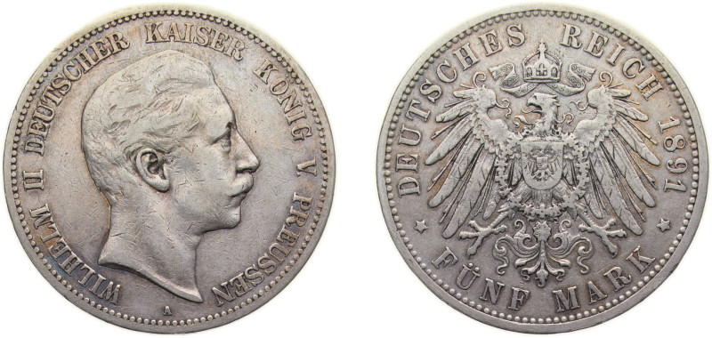 Germany Kingdom of Prussia Second Empire 1891 A 5 Mark - Wilhelm II Silver (.900...