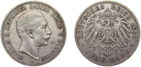 Germany Kingdom of Prussia Second Empire 1893 A 5 Mark - Wilhelm II Silver (.900) Berlin Mint (215300) 27.777g VF KM523 AKS129 J104