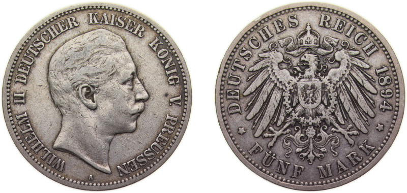 Germany Kingdom of Prussia Second Empire 1894 A 5 Mark - Wilhelm II Silver (.900...