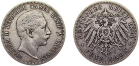 Germany Kingdom of Prussia Second Empire 1894 A 5 Mark - Wilhelm II Silver (.900) Berlin Mint (440203) 27.777g VF KM523 AKS129 J104