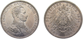 Germany Kingdom of Prussia Second Empire 1914 A 3 Mark - Wilhelm II Silver (.900) Berlin Mint (2022000) 16.667g UNC KM538 J113