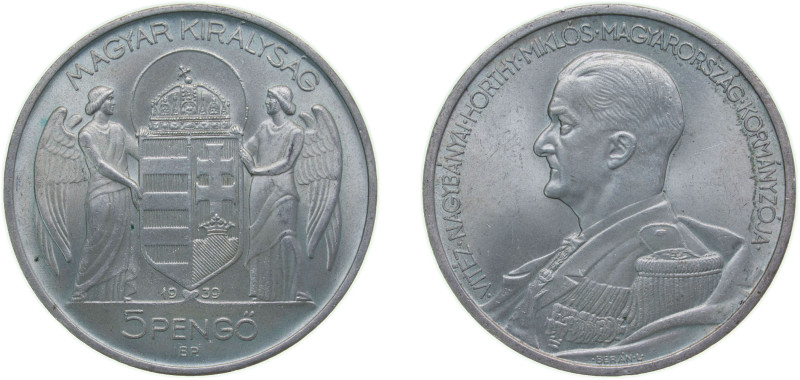 Hungary Kingdom 1939 5 Pengő - Miklós Horthy (Birthday) Silver (.640) Budapest M...