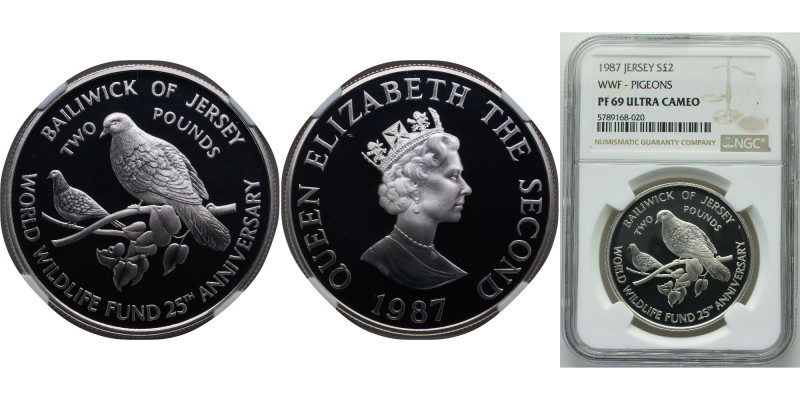 Jersey British dependency 1987 2 Pounds - Elizabeth II (Pink Pigeon) Silver (.92...