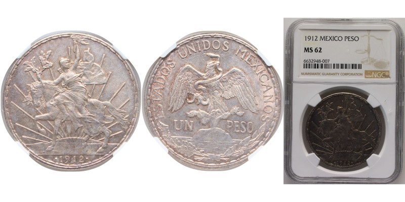 Mexico United Mexican States 1912 1 Peso Silver (.903) (322000) 27.07g NGC MS 62...