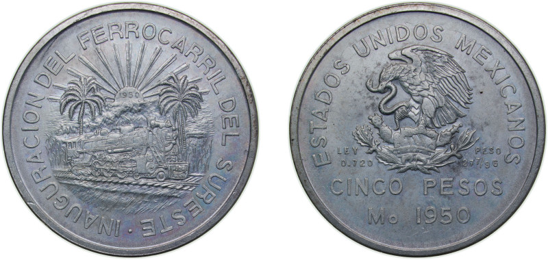 Mexico United Mexican States 1950 M 5 Pesos (Southeastern Railroad) Silver (.720...