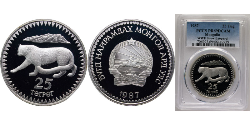 Mongolia Republic 1987 25 Tögrög (WWF - Snow Leopard) Silver (.925) (25000) 28.2...