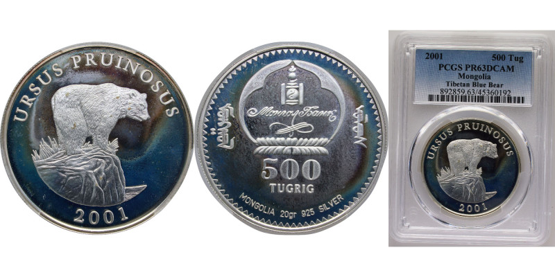 Mongolia Republic 2001 500 Tögrög (Tibetan blue bear) Silver (.925) 10g PCGS PR ...