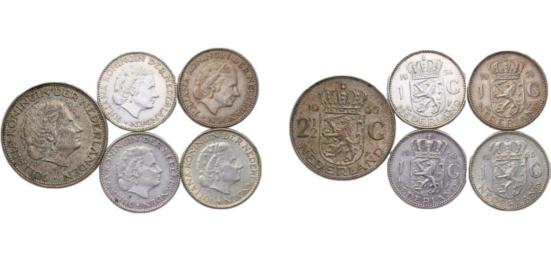 Netherlands Kingdom 1954 - 1966 1, 2.5 Gulden - Juliana 5 Lots Silver (.720) Utr...